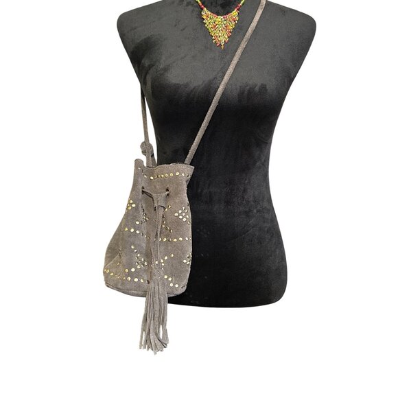 Suede Studded Crossbody Bucket Bag With Tassel Drawstring Design - Picture 1 of 2